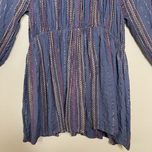 EN CRÈME Blue Colorful Metallic Tiered Sun Dress Tie‎ Tassel Sleeve Boho Sz S - Picture 3 of 11